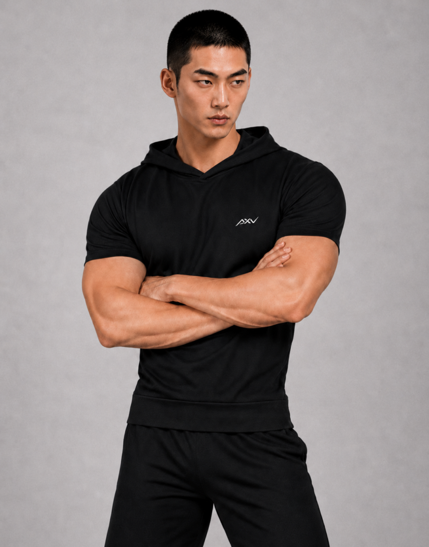 엑서브 로고 사선 넥라인 반팔 머슬핏 후드티셔츠 블랙 정면