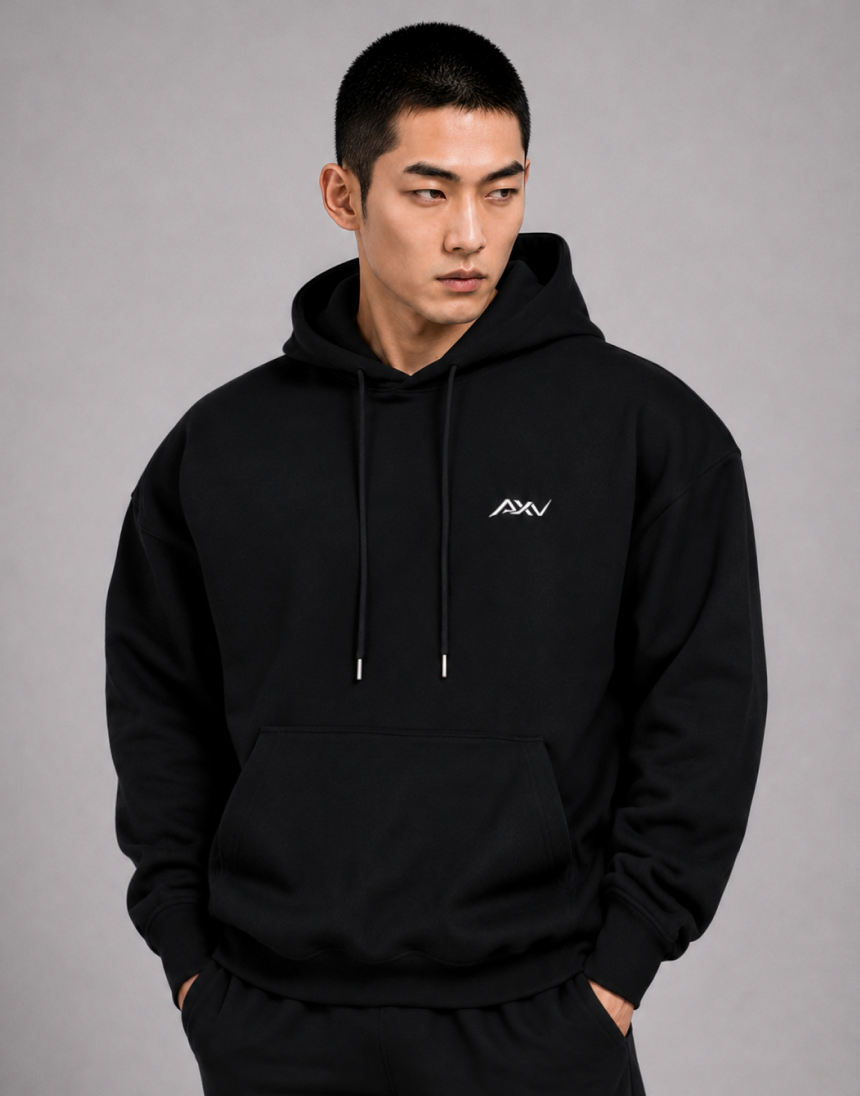 엑서브 로고 오버핏 후드티 블랙 정면
