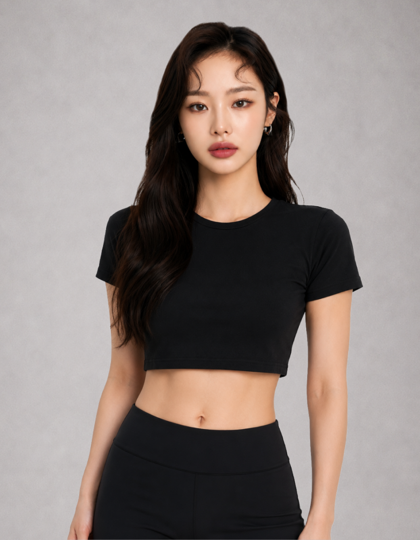 엑서브 여성 반팔 크롭 티셔츠 블랙 정면